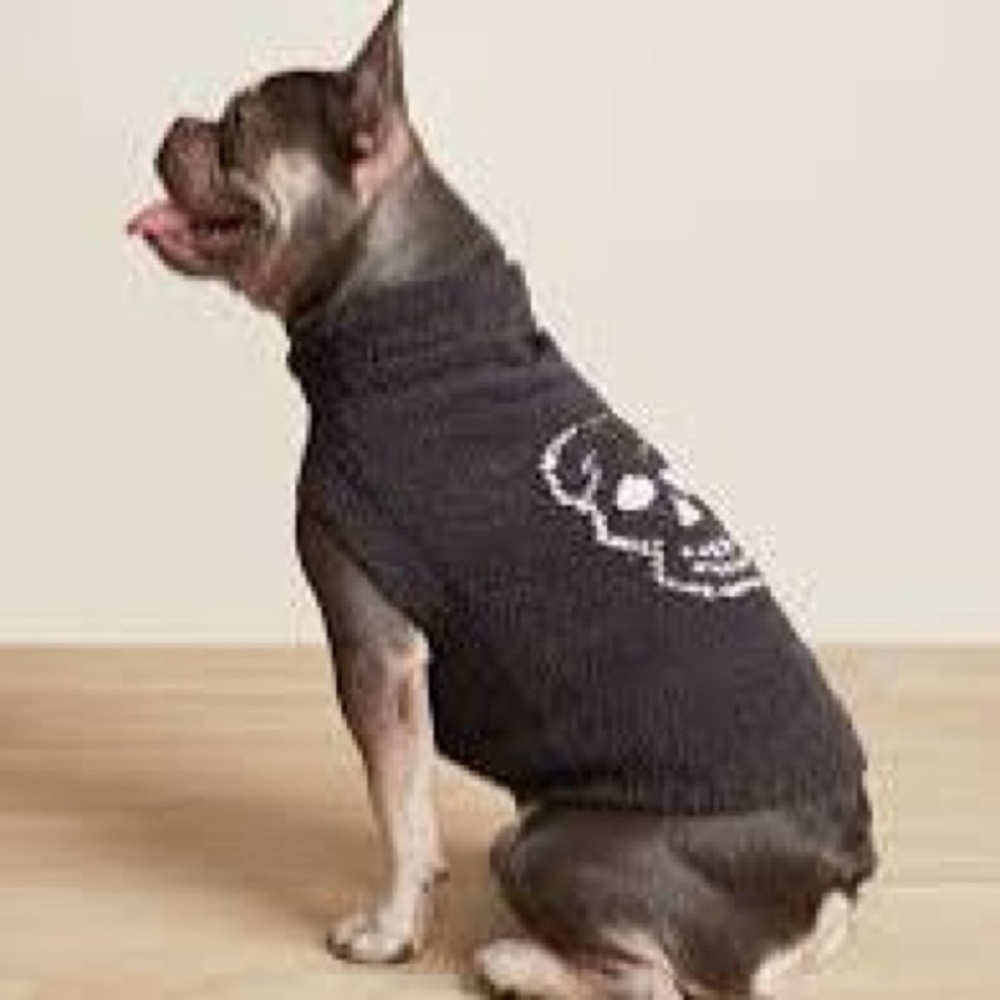 Skull cashmere Hand Knit Wool Dog Sweater Black Skull Pullover w hood medium